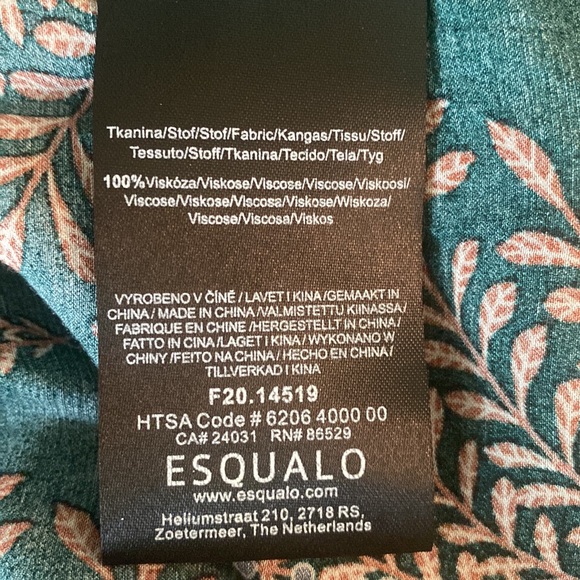 Esqualo Dark Green Cognac Lead Print Satin Button Down Blouse - 10 - Picture 10 of 12